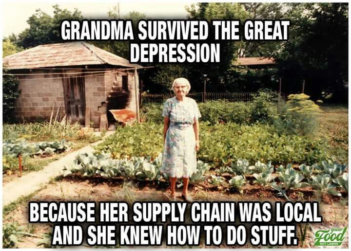 Grandma survived the great depression because her supply chain was local and she knew how to do stuff.